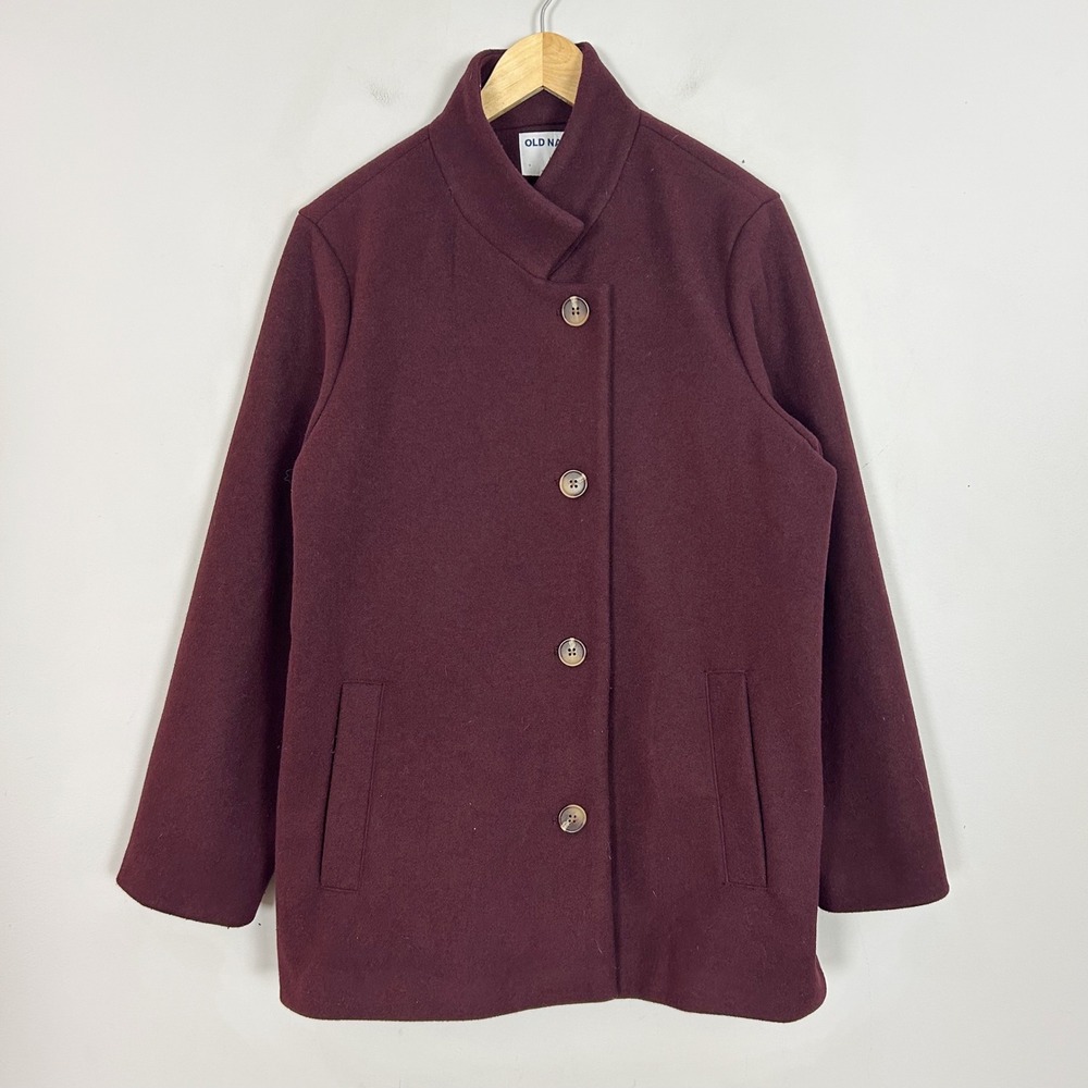 Old Navy Womens Burgundy Funnel Neck Button Front Peacoat Coat Size Large